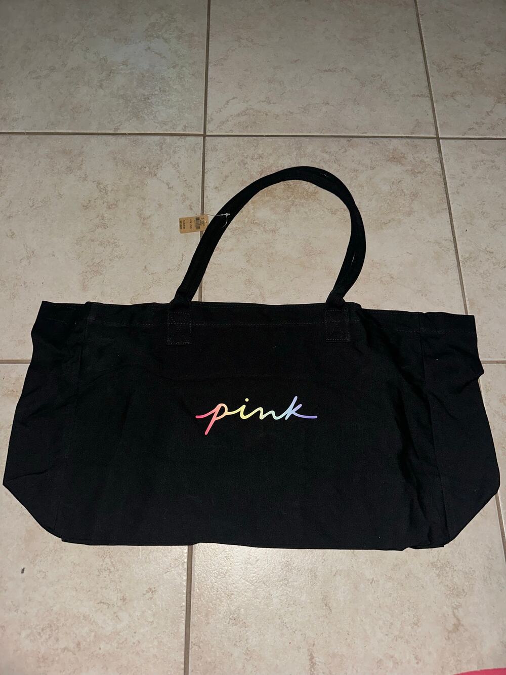 PINK Victoria’s Secret Black Canvas Tote Bag Rainbow Logo Travel Gym Tote
